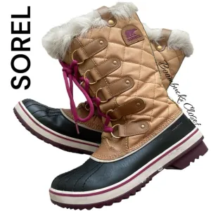 Sorel Joan of Arctic Camel brown, tan, Black Leather Lace up waterproof boots 7