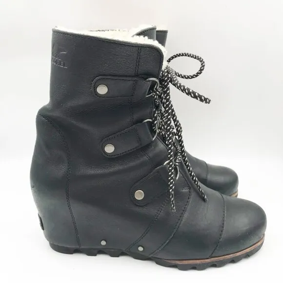 SOREL Joan Of Arctic II Hidden Wedge Black Leather Booties Womens 10