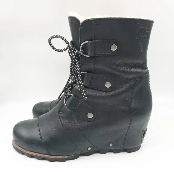 SOREL Joan Of Arctic II Hidden Wedge Black Leather Booties Womens 10