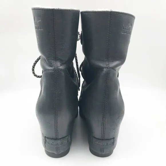 SOREL Joan Of Arctic II Hidden Wedge Black Leather Booties Womens 10