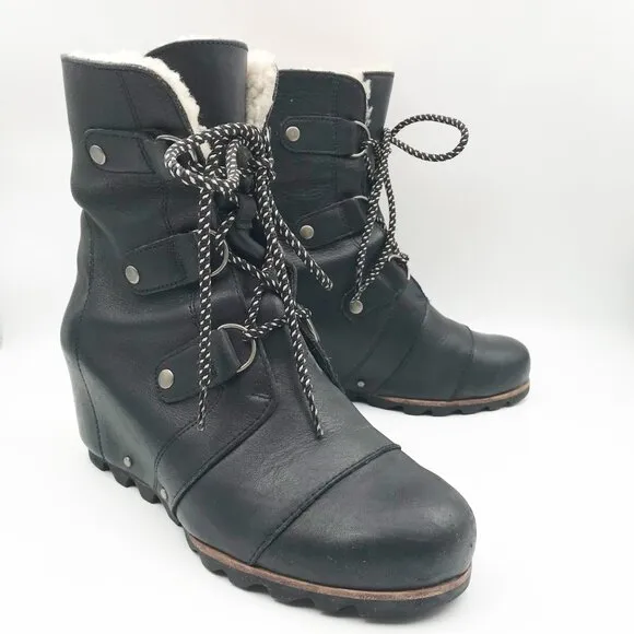 SOREL Joan Of Arctic II Hidden Wedge Black Leather Booties Womens 10