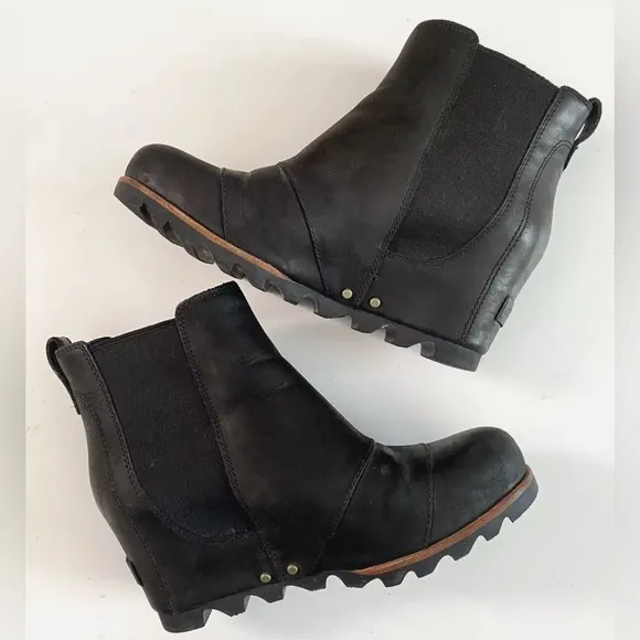 Sorel LEA Wedge Leather Ankle Boots Waterproof Black Women's Size 8 Chunky