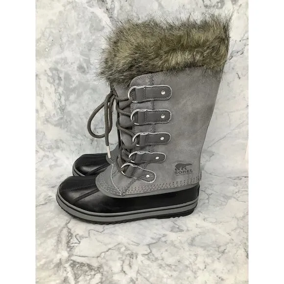 Sorel Size 7.5 Gray Joan of Arctic Boots Waterproof Suede Faux Fur Lace Up OS5-1