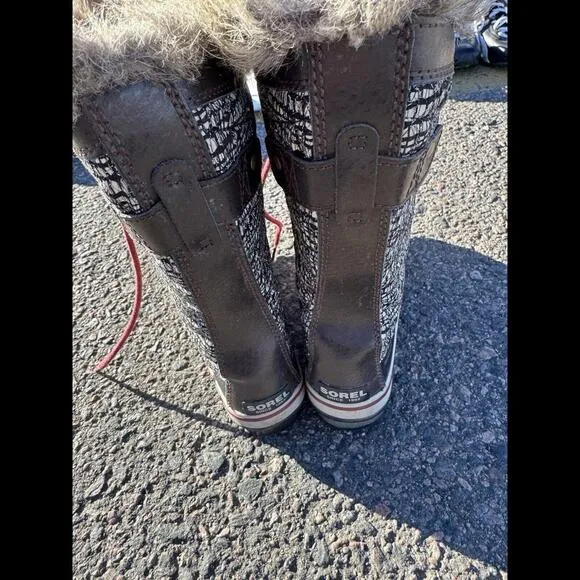 SOREL Snow boots fur trim brown Tall Tweed Leather sz 8.5 womens