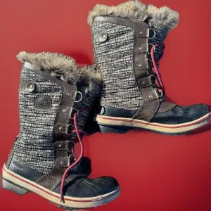 SOREL Snow boots fur trim brown Tall Tweed Leather sz 8.5 womens