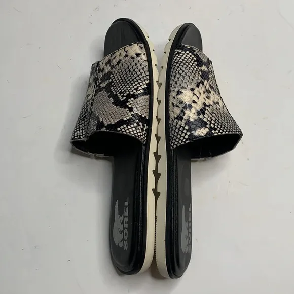 Sorel Women’s Ella II Block Slide Sandals for Black Snake Pattern S-024 Sz 8