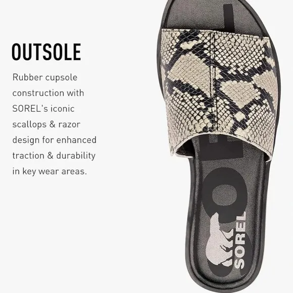 Sorel Women’s Ella II Block Slide Sandals for Black Snake Pattern S-024 Sz 8