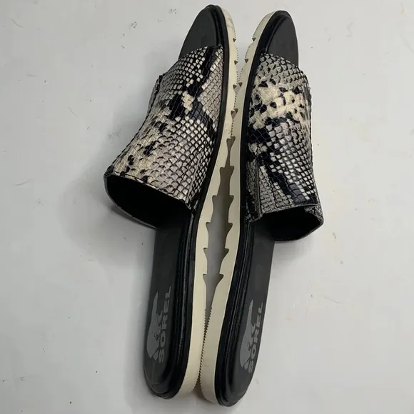 Sorel Women’s Ella II Block Slide Sandals for Black Snake Pattern S-024 Sz 8