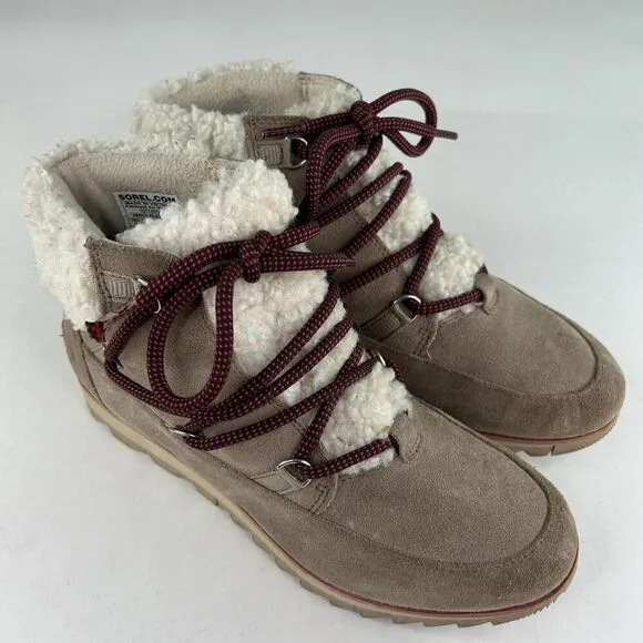 Sorel Women's Harlow Lace Cozy Boots US 8 Tan Shearling Lined Lace-Up Booties