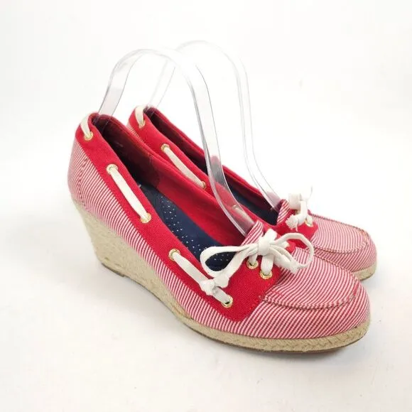 Sperry Clarens Womens Wedge Red white Striped Ropes Espadrilles shoes Size 9.5 M
