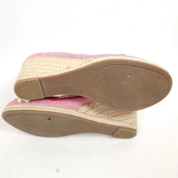 Sperry Clarens Womens Wedge Red white Striped Ropes Espadrilles shoes Size 9.5 M