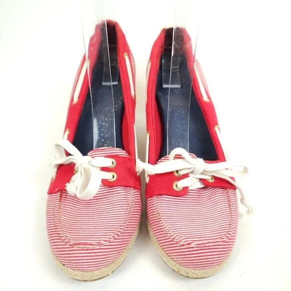 Sperry Clarens Womens Wedge Red white Striped Ropes Espadrilles shoes Size 9.5 M