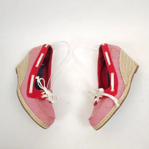 Sperry Clarens Womens Wedge Red white Striped Ropes Espadrilles shoes Size 9.5 M
