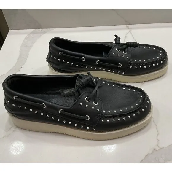Sperry Rebecca Minkoff Woman’s Black Leather Studded Boat Shoe Loafers Size 9