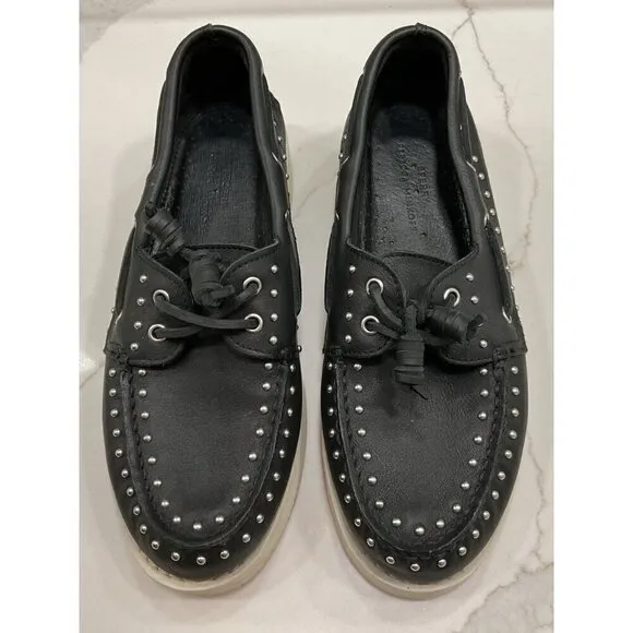 Sperry Rebecca Minkoff Woman’s Black Leather Studded Boat Shoe Loafers Size 9