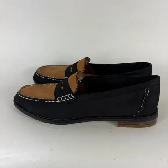 Sperry Seaport Penny Loafers Women 9 Black Brown Suede Slip-On Round Toe Comfort