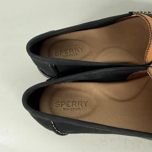 Sperry Seaport Penny Loafers Women 9 Black Brown Suede Slip-On Round Toe Comfort