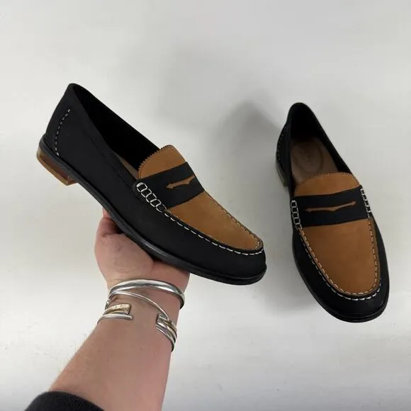 Sperry Seaport Penny Loafers Women 9 Black Brown Suede Slip-On Round Toe Comfort