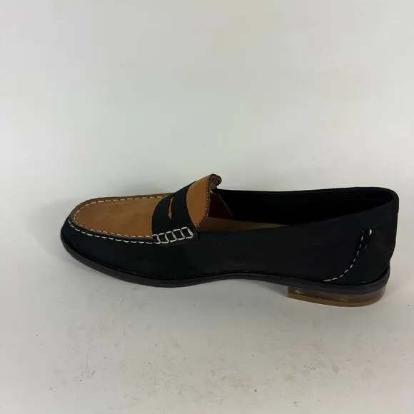 Sperry Seaport Penny Loafers Women 9 Black Brown Suede Slip-On Round Toe Comfort