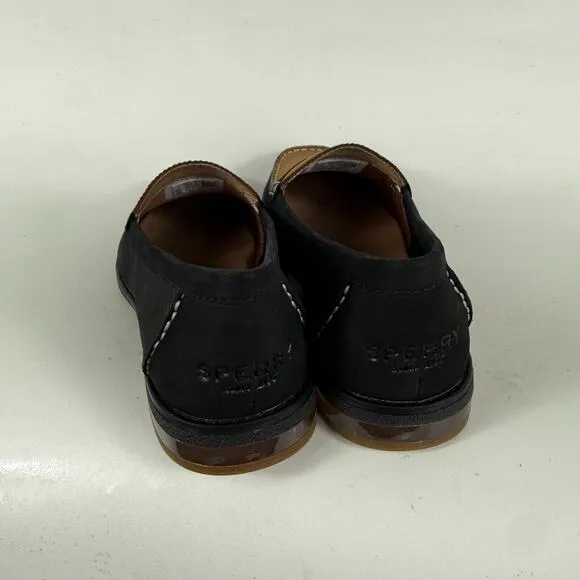 Sperry Seaport Penny Loafers Women 9 Black Brown Suede Slip-On Round Toe Comfort