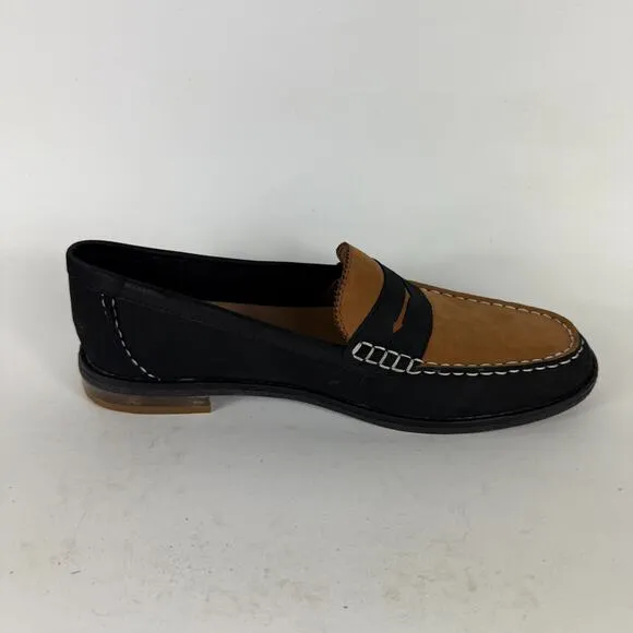 Sperry Seaport Penny Loafers Women 9 Black Brown Suede Slip-On Round Toe Comfort