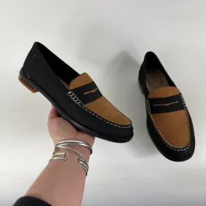 Sperry Seaport Penny Loafers Women 9 Black Brown Suede Slip-On Round Toe Comfort