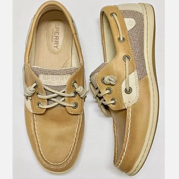 SPERRY TOP-SIDER ROSEFISH TAN LINEN OAT MEMORY FOAM BOAT SHOES WOMENS 7.5M