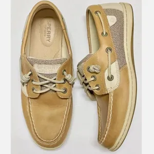 SPERRY TOP-SIDER ROSEFISH TAN LINEN OAT MEMORY FOAM BOAT SHOES WOMENS 7.5M