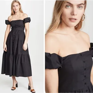 Staud Black Elio Midi Dress size 2 Off Shoulder Cottagecore Farmcore Bohemian