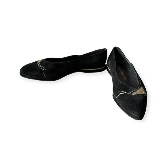 Stephane Kelian Vintage Suede Flats, Size 7.5 US, Black, Gold, 90s