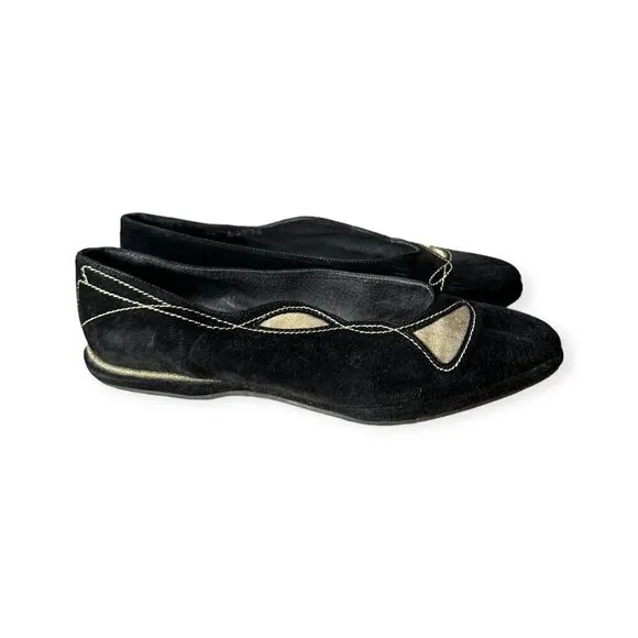 Stephane Kelian Vintage Suede Flats, Size 7.5 US, Black, Gold, 90s