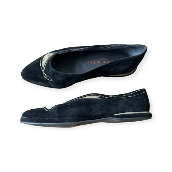 Stephane Kelian Vintage Suede Flats, Size 7.5 US, Black, Gold, 90s