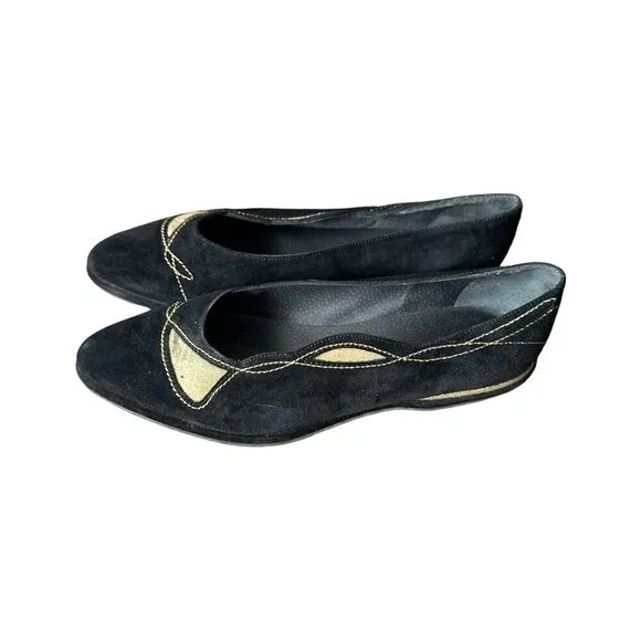 Stephane Kelian Vintage Suede Flats, Size 7.5 US, Black, Gold, 90s