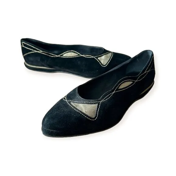 Stephane Kelian Vintage Suede Flats, Size 7.5 US, Black, Gold, 90s