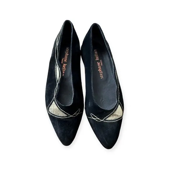 Stephane Kelian Vintage Suede Flats, Size 7.5 US, Black, Gold, 90s
