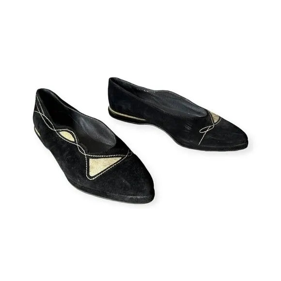 Stephane Kelian Vintage Suede Flats, Size 7.5 US, Black, Gold, 90s