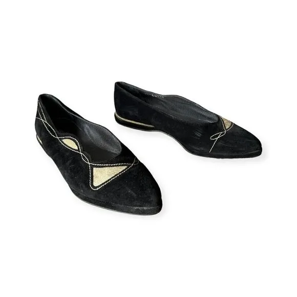 Stephane Kelian Vintage Suede Flats, Size 7.5 US, Black, Gold, 90s