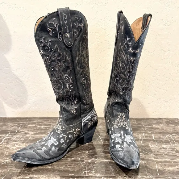 Sterling River Studded and Embroidered Leather Knee High Cowboy Boots
