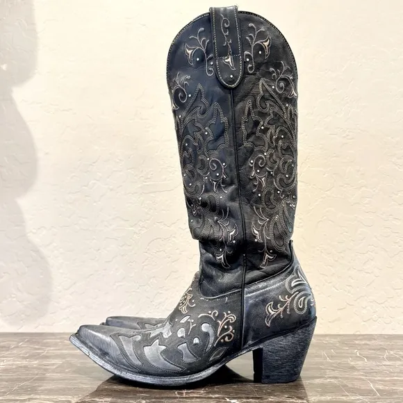 Sterling River Studded and Embroidered Leather Knee High Cowboy Boots