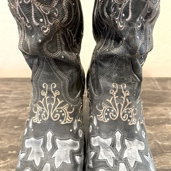 Sterling River Studded and Embroidered Leather Knee High Cowboy Boots