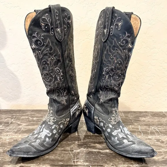Sterling River Studded and Embroidered Leather Knee High Cowboy Boots