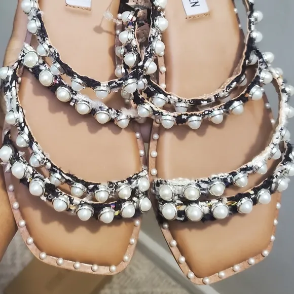 Steve Madden Skyler Sandal Pearl Navy Multi Flat Slides Beach Vacation Size 6.5