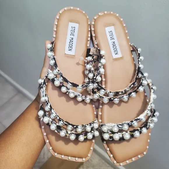 Steve Madden Skyler Sandal Pearl Navy Multi Flat Slides Beach Vacation Size 6.5