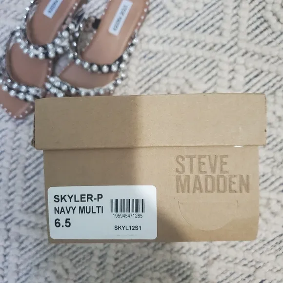 Steve Madden Skyler Sandal Pearl Navy Multi Flat Slides Beach Vacation Size 6.5