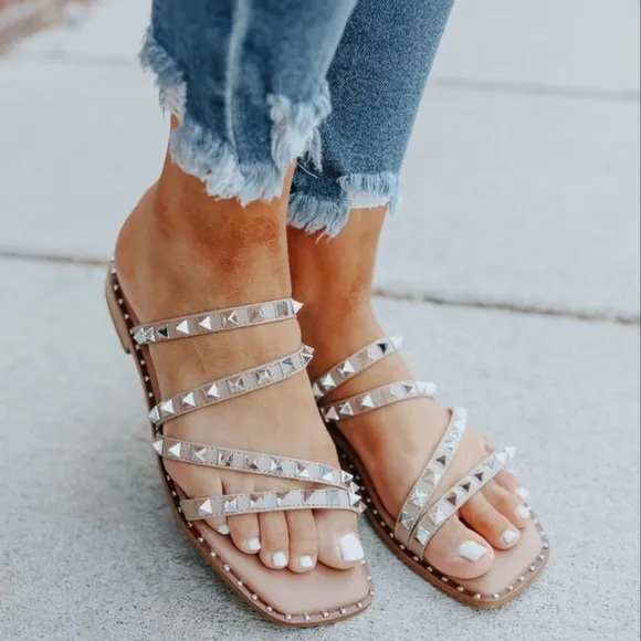 Steve Madden Skyler Sandal Pearl Navy Multi Flat Slides Beach Vacation Size 6.5