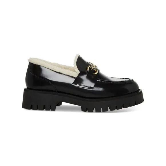 STEVE MADDEN Womens Black 1&quot; Platform Faux-Shearling Lando-f Loafers Shoes 9.5 M