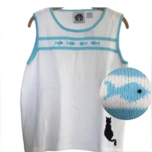 STORYBOOK KNITS Rare Sweater Tank With Cat Watching Fish Women’s Size Medium NWT