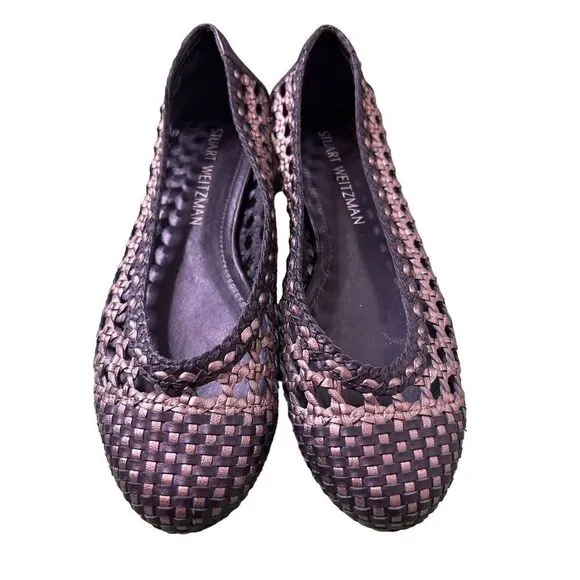 Stuart Weitzman Black And Gold Metallic Woven Leather Ballet Flats Size 7 M