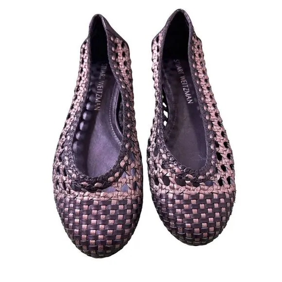 Stuart Weitzman Black And Gold Metallic Woven Leather Ballet Flats Size 7 M