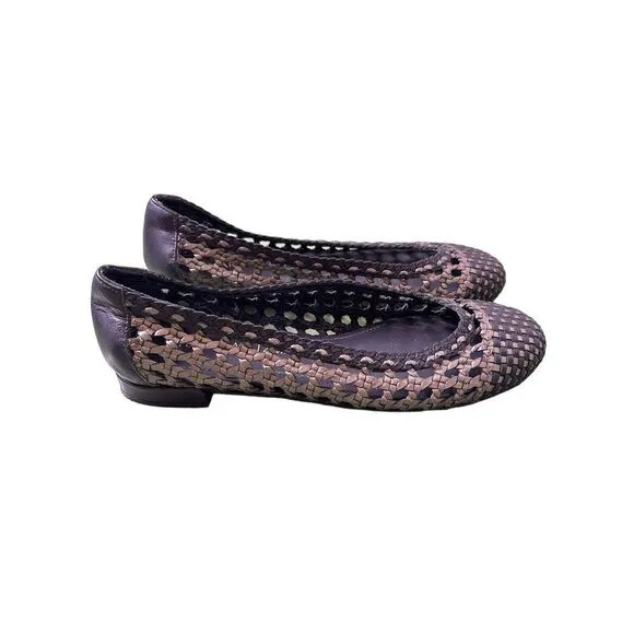 Stuart Weitzman Black And Gold Metallic Woven Leather Ballet Flats Size 7 M
